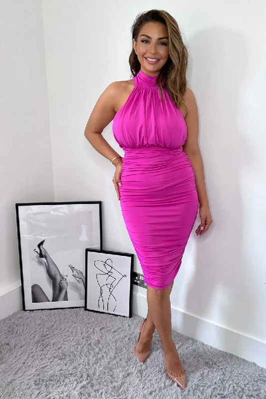 Hot Pink Ruched High Neck Midi Dress Chic Floral Print Midi Dress