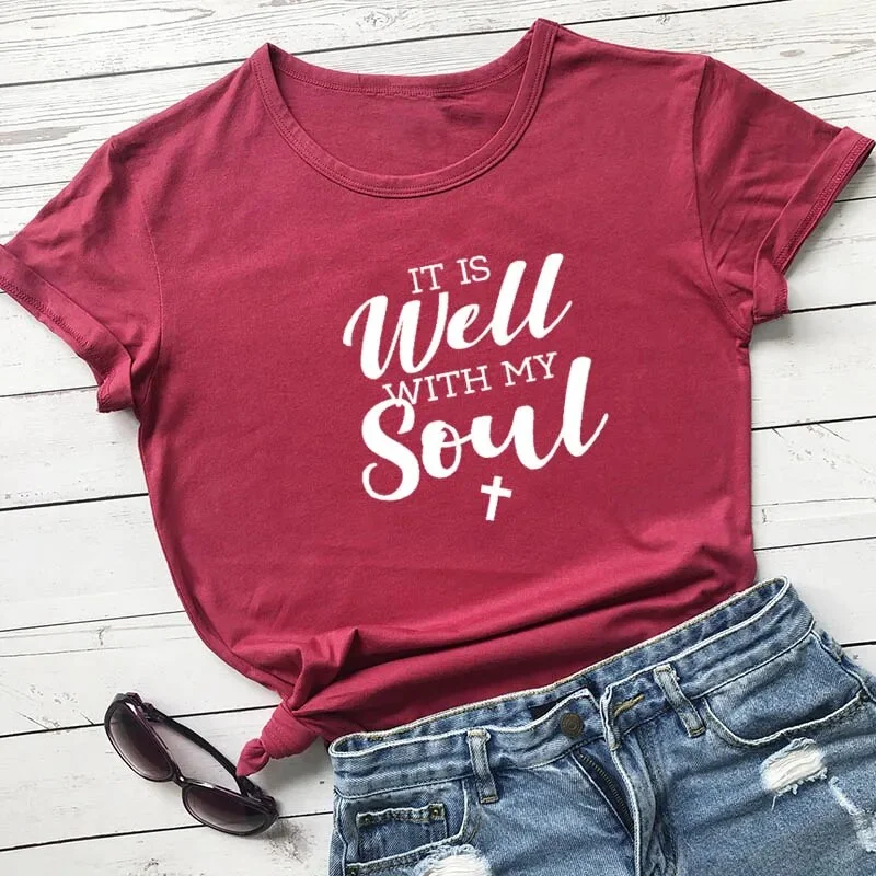 Women's It Is Well With My Soul Cotton Christian Short Sleeve Tee Shirt Casual Button-Up Short Tee