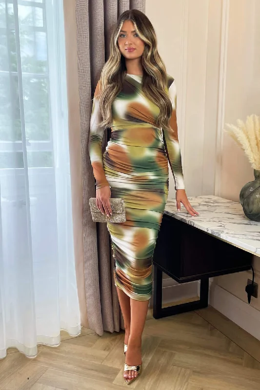 Khaki Printed Long Sleeve Ruched Bodycon Midi Dress Stylish Cold Shoulder Midi Dress