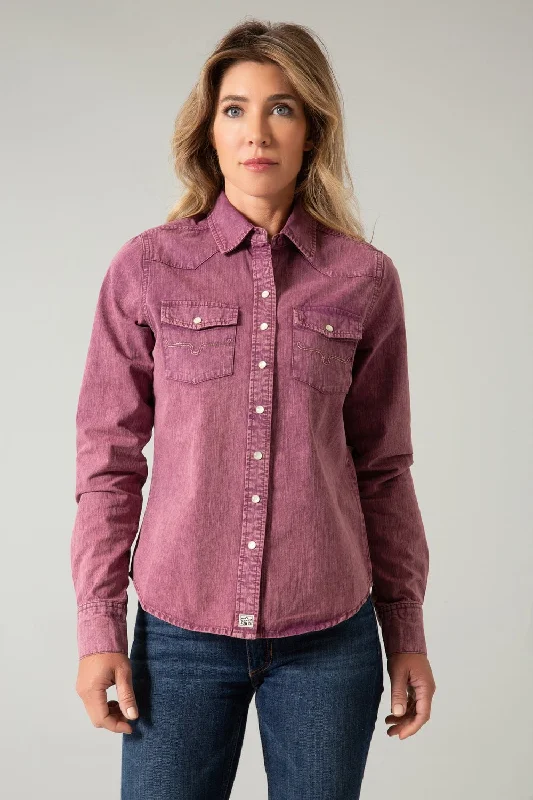 Kimes Ranch Womens Kaycee Denim Wine 100% Cotton L/S Shirt Elegant Silk Short Shirt