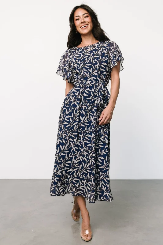 Laurel Midi Dress | Blue + Gray Floral Trendy Smocked Waist Midi Dress