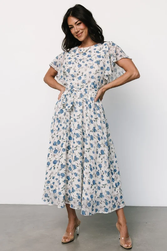 Laurel Midi Dress | Off-White + Blue Floral Elegant Sleeveless Midi Dress