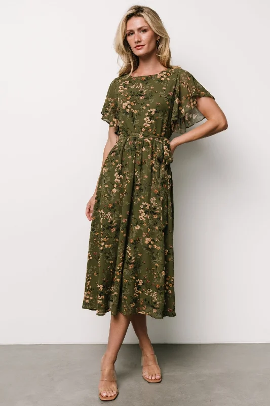 Laurel Midi Dress | Olive Floral Trendy Shift Midi Dress