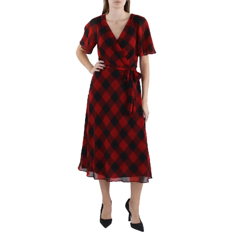 Lauren Ralph Lauren Womens Checkered Midi Dress Elegant V-Neck Midi Dress