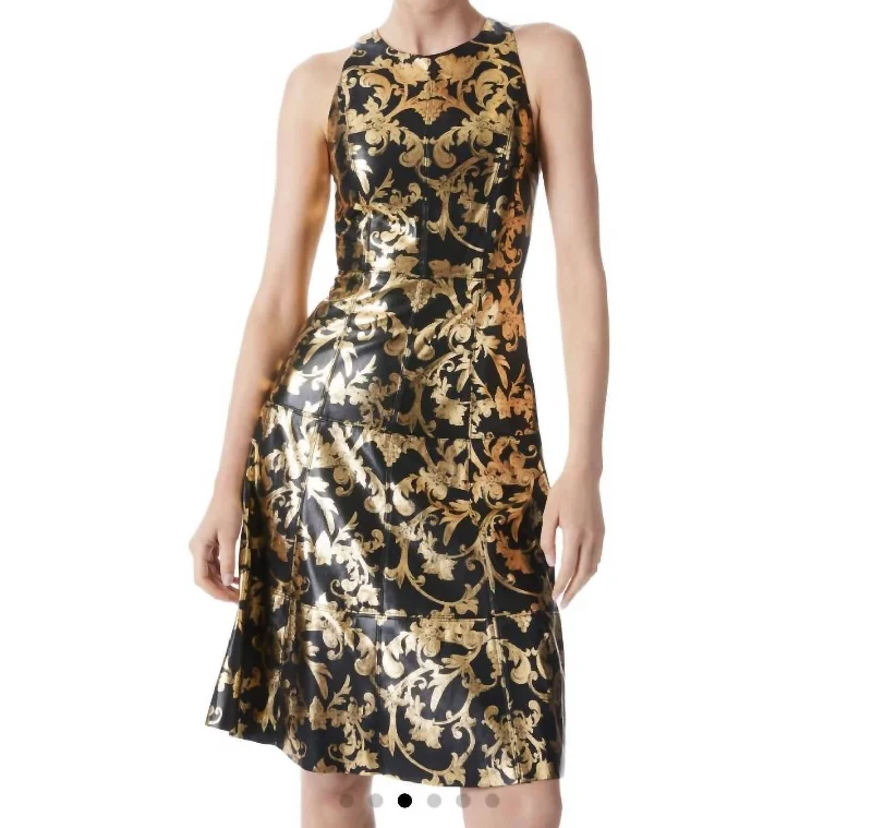 Leandra Vegan Leather Midi Dress in Florence Scroll Elegant Floral Skirt Midi Dress