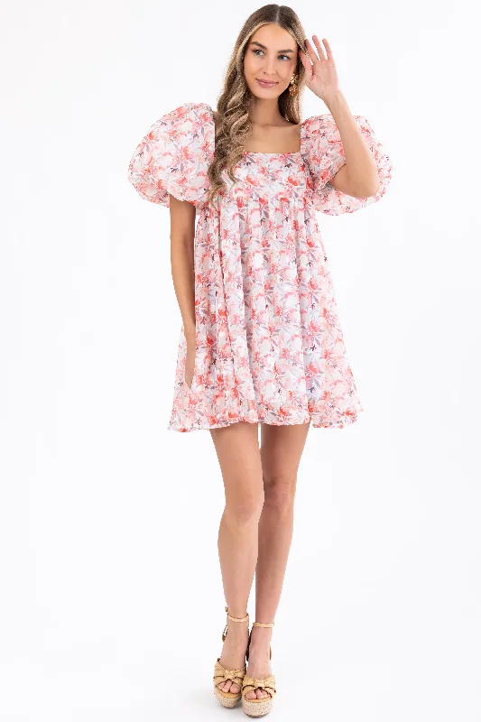 Lipstick Floral Print Puff Sleeve Mini Dress Cozy Jersey Mini Dress