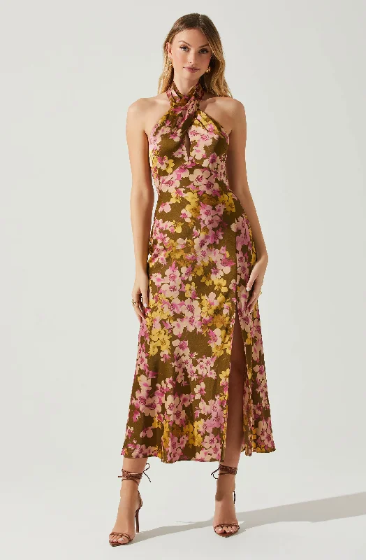 Marissa Satin Halter Neck Floral Midi Dress Trendy Tiered Hem Midi Dress