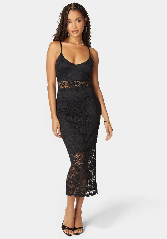 Marseille Lace V Neck Illusion Midi Dress Elegant Satin Button Midi Dress