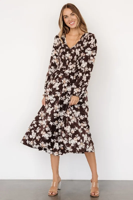 Matilda Smocked Midi Dress | Brown Floral Trendy Square Neck Midi Dress