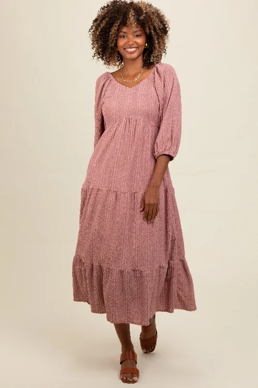 Mauve Embroidered Tiered Midi Dress Fashionable High-Neck Midi Dress