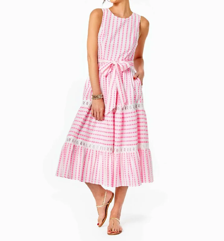 Maybella Tiered Midi Dress in Gingham Stripe Jacquard Comfortable Lace-Up Midi Dress