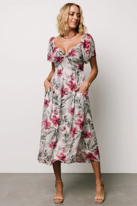 Melinda Midi Dress | Pink Floral Fashionable High-Low Midi Dress