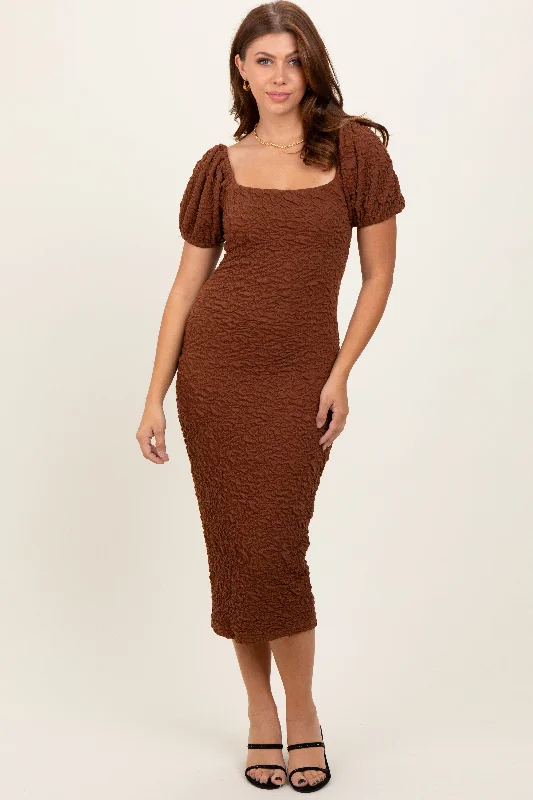 Mocha Textured Square Neck Puff Sleeve Midi Dress Comfortable Button Front Midi Dress