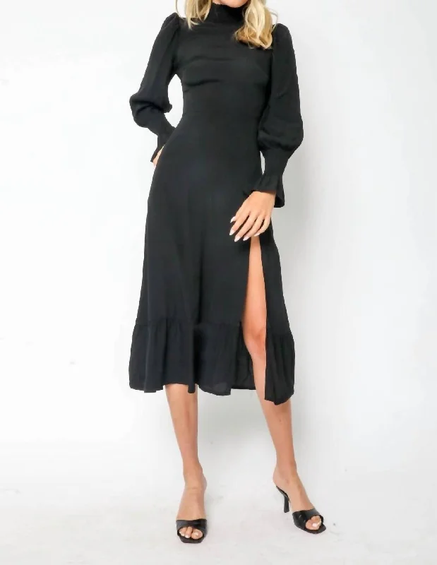 Mock Neck Midi Dress in Black Trendy Ruffled Sleeve Midi Dress