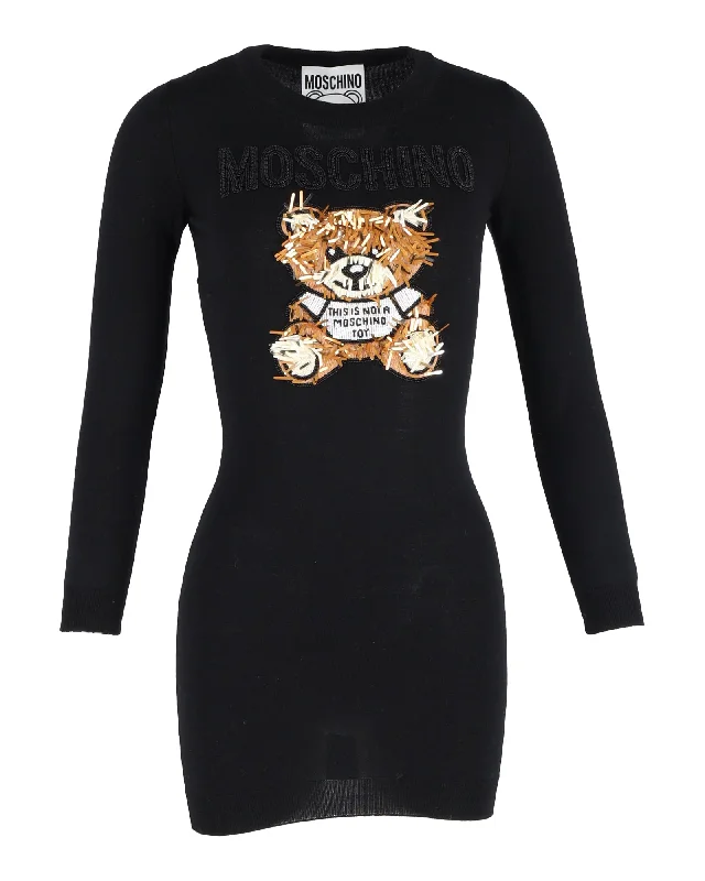 Moschino Embellished Bear Mini Dress in Black Wool Trendy Floral Mini Dress