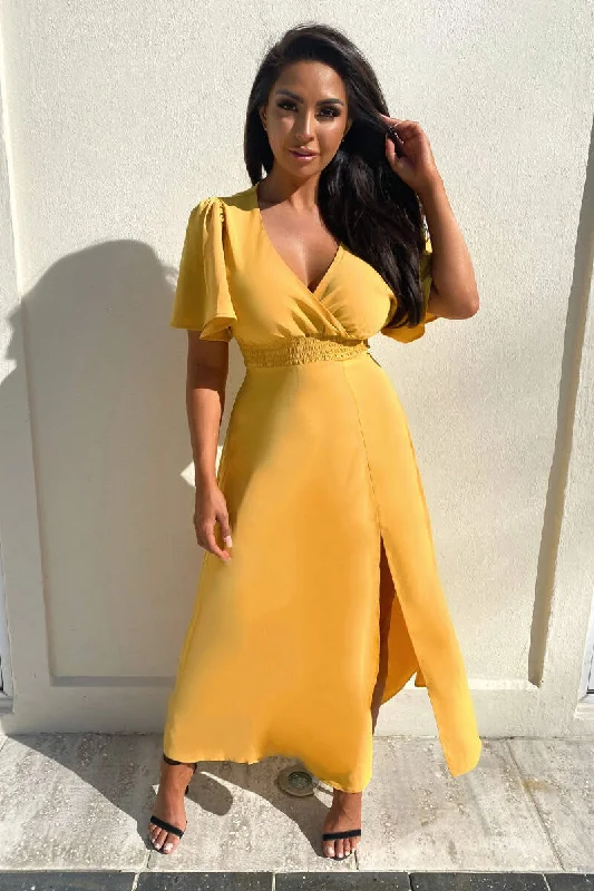 Mustard Gathered Waist Midi Dress Elegant Puff Sleeve Midi Dress