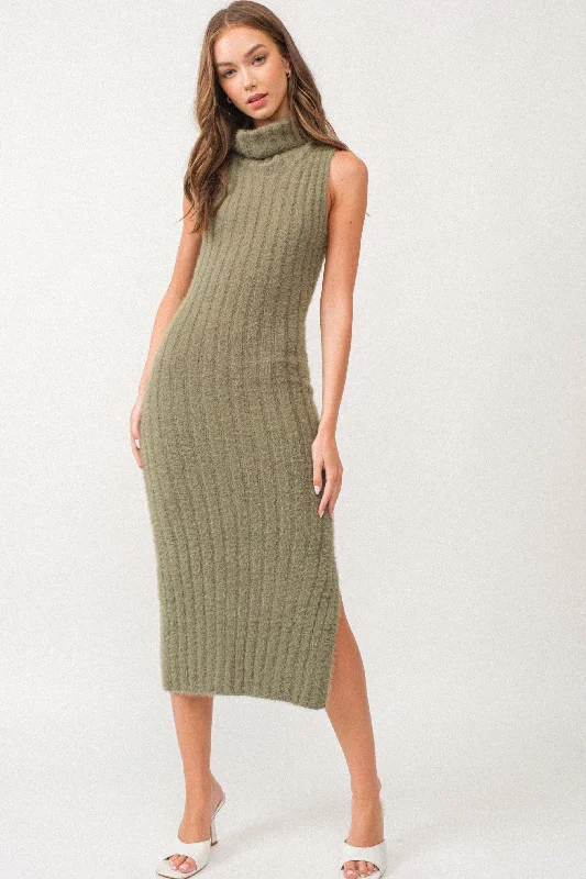 Olive Fuzzy Knit Sleeveless Turtle Neck Midi Dress Elegant Faux Wrap Midi Dress