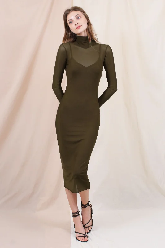 Olive Mesh Overlay Fitted Midi Dress Stylish Off-Shoulder Ruffle Dress