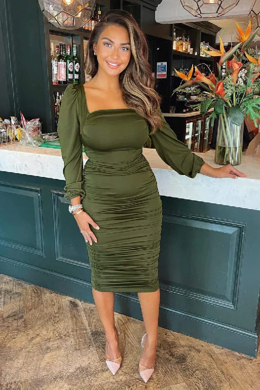 Olive Square Neck Ruched Midi Dress Stylish Button-Up Midi Dress