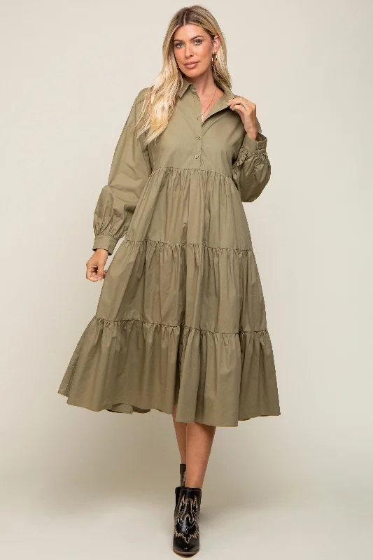 Olive Tiered Button Down Midi Dress Trendy Fit-and-Flare Midi Dress