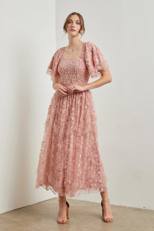 Pink Floral Embroidered Ruffle Tulle Midi Dress Comfortable Stretch Midi Dress