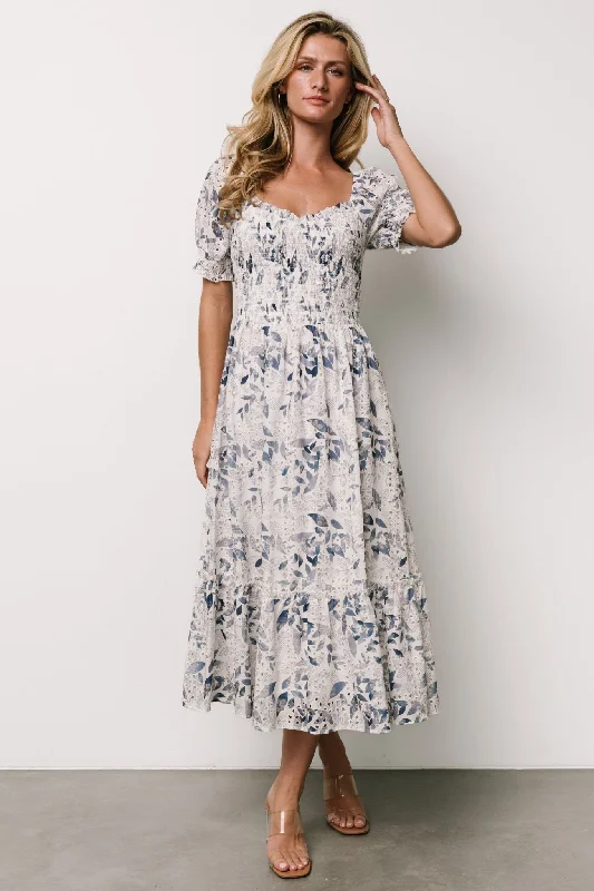 Piper Eyelet Midi Dress | Off White + Blue Floral Cozy Ribbed Knit Midi Dress