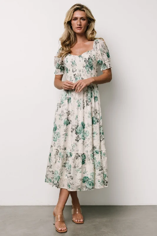 Piper Eyelet Midi Dress | Off White + Green Floral Trendy Ruched Side Midi Dress