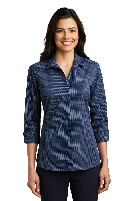 Port Authority Womens Easy Care Wrinkle Resistant 3/4 Sleeve Button Down Shirt - Navy Blue/Heritage Blue - Closeout Fashionable Pleated Short Shirt