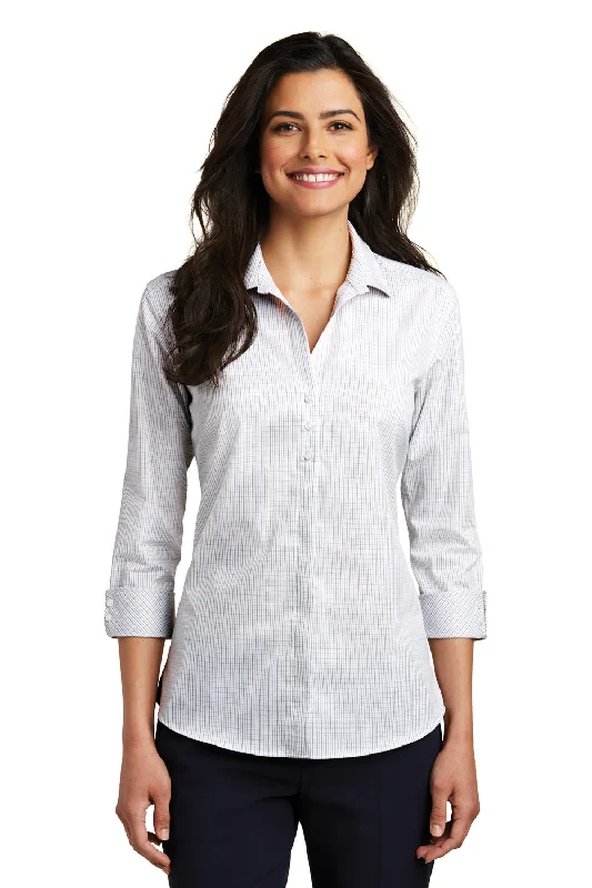 Port Authority Womens Easy Care Wrinkle Resistant 3/4 Sleeve Button Down Shirt - White/Dark Grey - Closeout Casual Plain Short Shirt