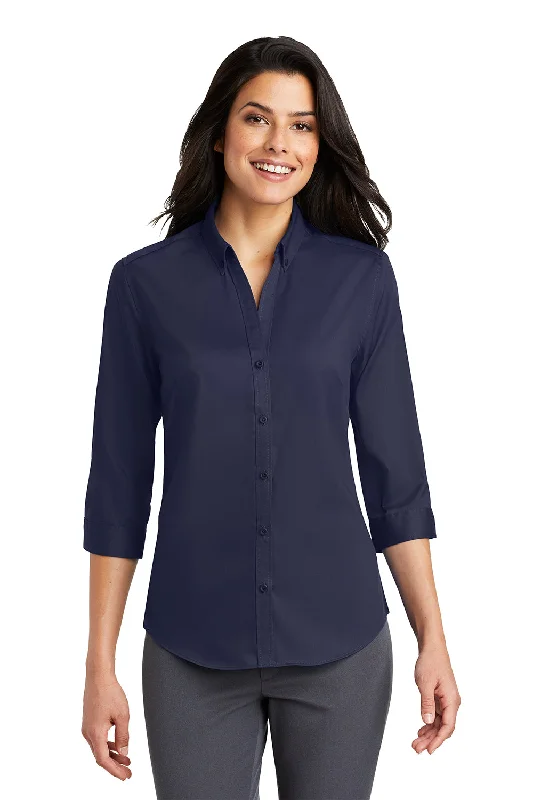 Port Authority Womens SuperPro Wrinkle Resistant 3/4 Sleeve Button Down Shirt - True Navy Blue Fashionable Tied Short Sleeve