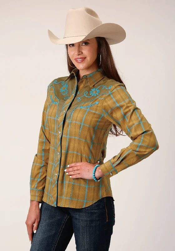 Roper Womens Butterscotch Plaid Yellow Cotton Blend L/S Shirt Trendy Tie-Front Short Shirt