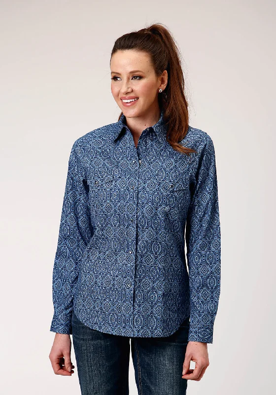 Roper Womens Medallion Paisley Blue 100% Cotton L/S Shirt Soft Cotton Short Tee