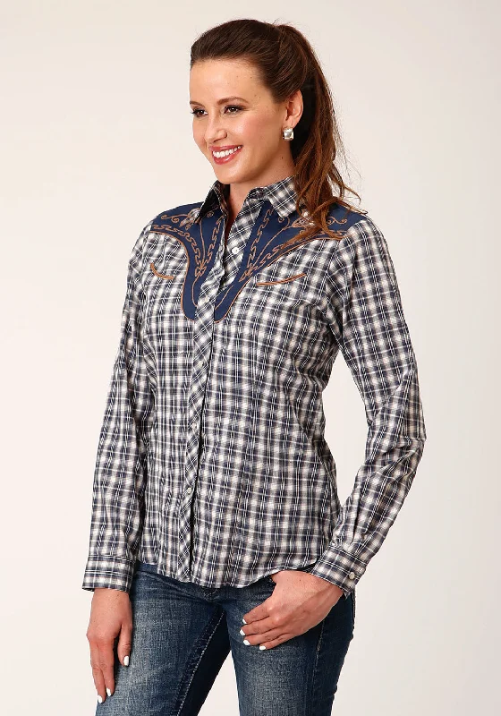 Roper Womens Small Scale Plaid Blue Cotton Blend L/S Shirt Casual Cotton Short Shirt