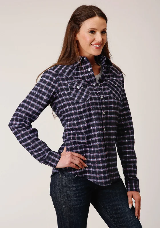 Roper Womens Unlined Flannel Blue 100% Cotton L/S Shirt Comfortable Short Sleeve Blouse