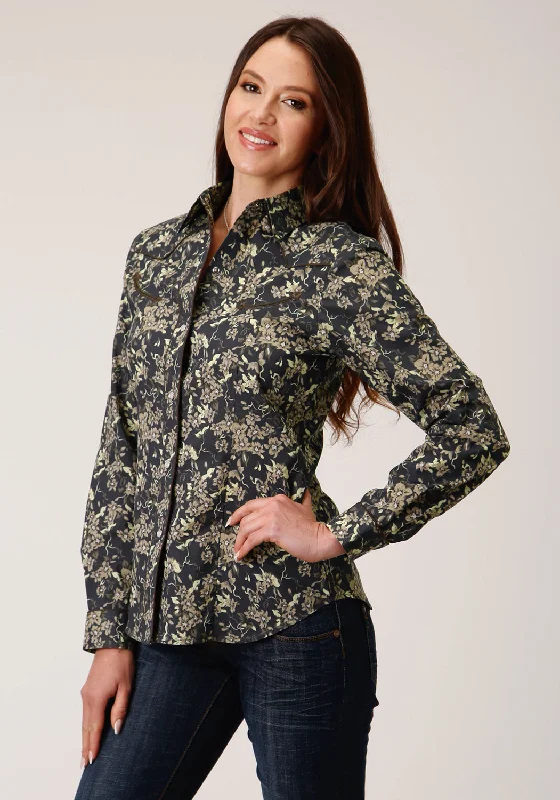 Roper Womens Vintage Dark Floral Black Cotton Blend L/S Shirt Chic Silk Short Sleeve Shirt