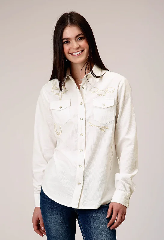 Roper Womens Western Corduroy Cream 100% Cotton L/S Shirt Cozy Linen Short Shirt