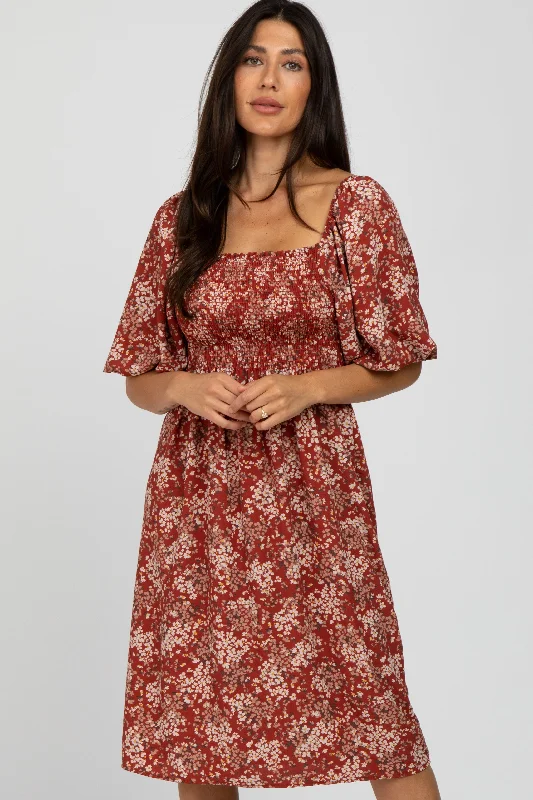 Rust Floral Square Neck Smocked Midi Dress Elegant Pleated Sleeve Midi Dress