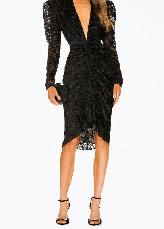 Sade Ruched Velvet-Jacquard Midi Dress in Black Trendy Smocked Waist Midi Dress