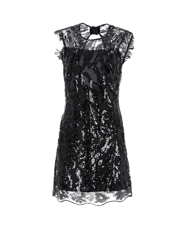 Sandro Embellished Sequin Mini Dress in Black Polyester Chic Mini Dress with V-Neck