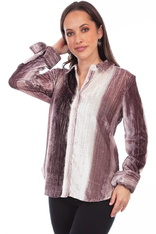 Scully Womens Velvet Stripe Plum/White 75% Viscose/25% Nylon L/S Shirt Elegant Longline Short Shirt