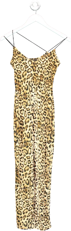 SHEIN Brown Leopard Print Midi Dress With Slit Detail UK XS Fashionable Sheer Sleeve Midi Dress