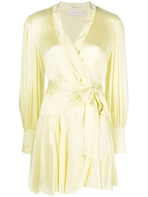 Silk Wrap Mini Dress In Lemon Fashionable Party Mini Dress