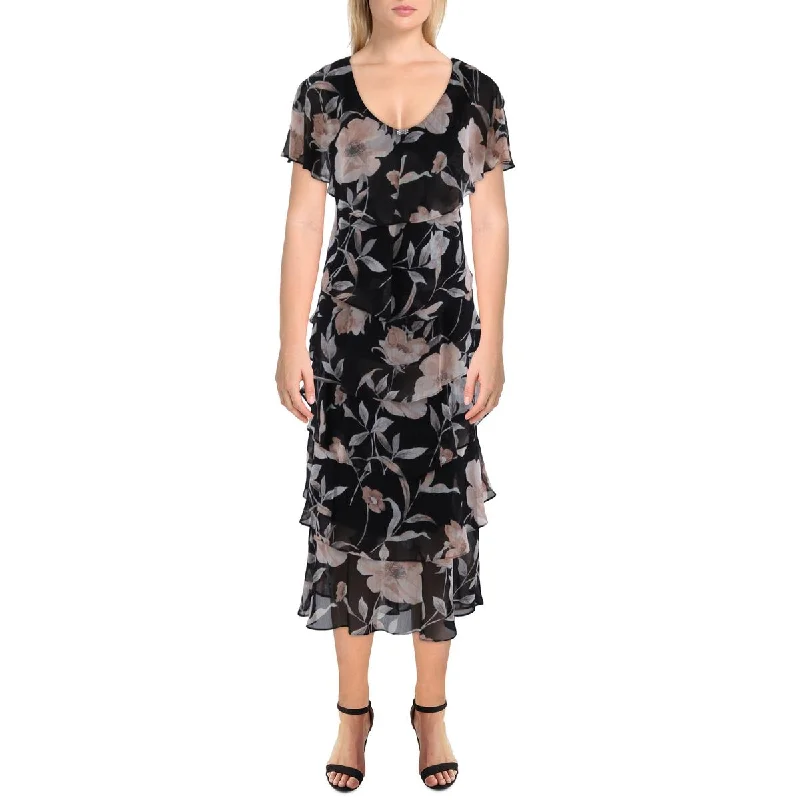 SLNY Womens Tiered Printed Midi Dress Comfortable Wrap Midi Dress