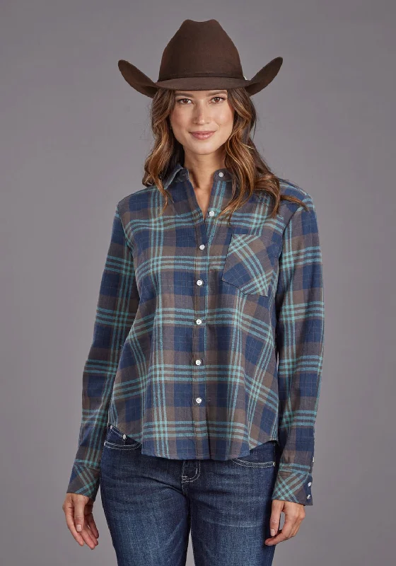 Stetson Womens Flannel Plaid Navy 100% Cotton L/S Shirt Fashionable Short Sleeve Shirt