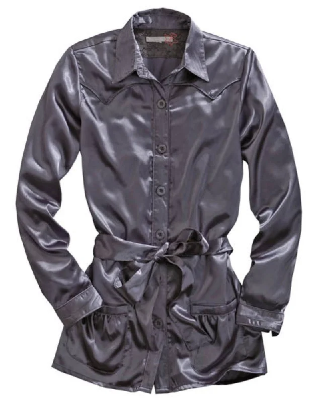 Tin Haul Womens Western Satin Grey 100% Polyester L/S Shirt Comfortable Short Sleeve Tee