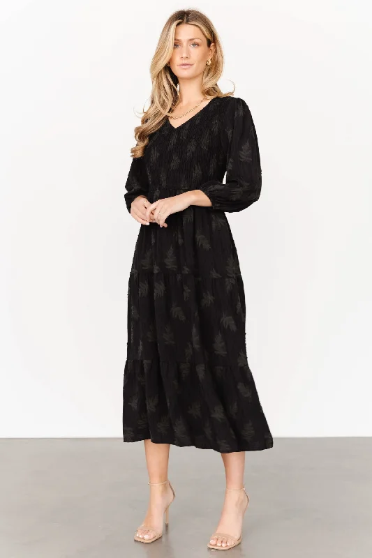 Tommi Smocked Midi Dress | Black Elegant Puff Sleeve Midi Dress