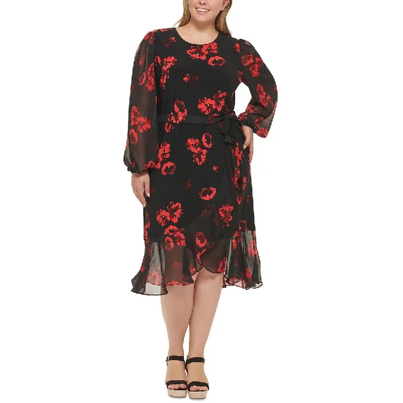 Tommy Hilfiger Womens Plus Knee-Length Floral Print Midi Dress Elegant Pleated Sleeve Midi Dress