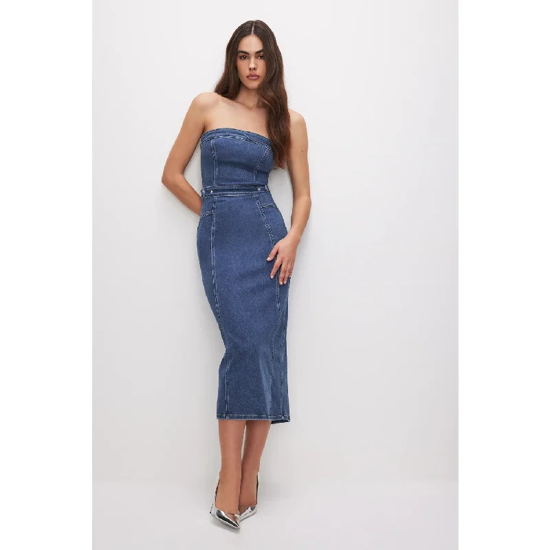 Blue Denim Tube Midi Dress Trendy Ruffled Sleeve Midi Dress