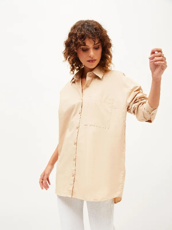 Women Beige Poplin Oversize Shirt Relaxed Fit Short Blouse