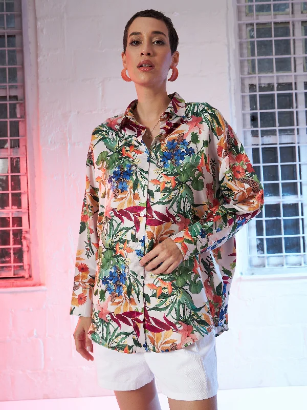 Women Beige Satin Floral Oversized Shirt Fashionable Cuffed Short Sleeve